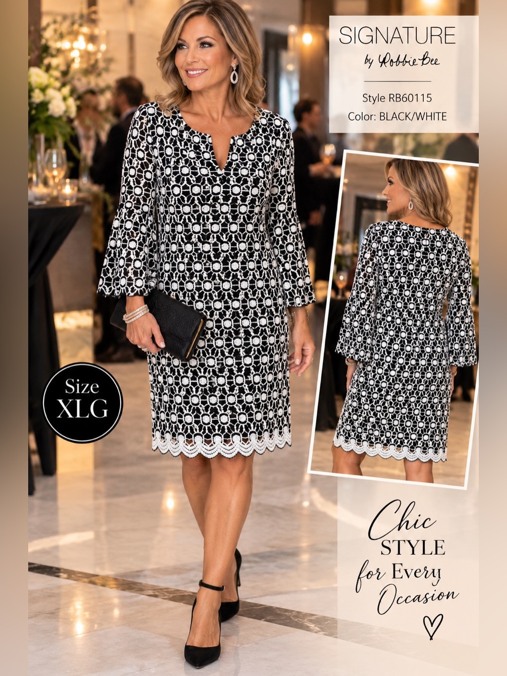Robbie Bee Black and White Lace-Overlay Notch-Neck Shift Dress
